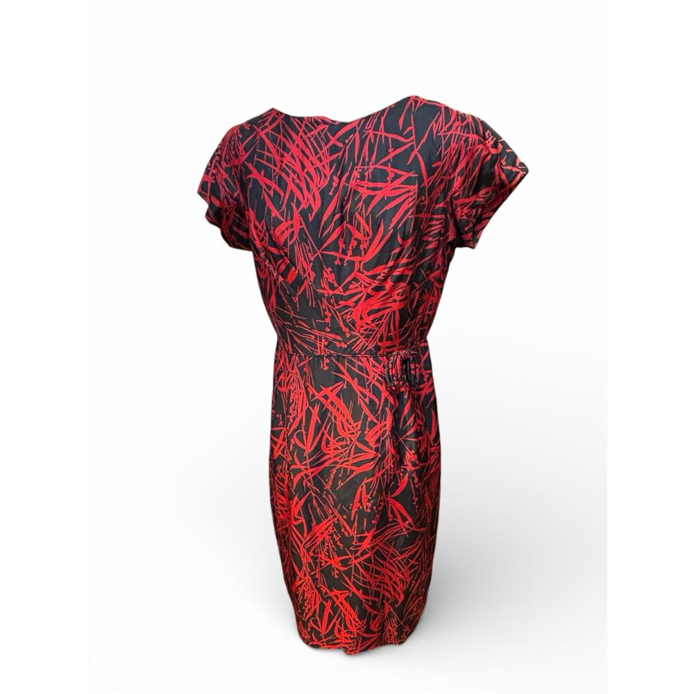 1950s 60s Silk Abstract Print Dress Red Black Lined Sheath Tie Waist Mid Century